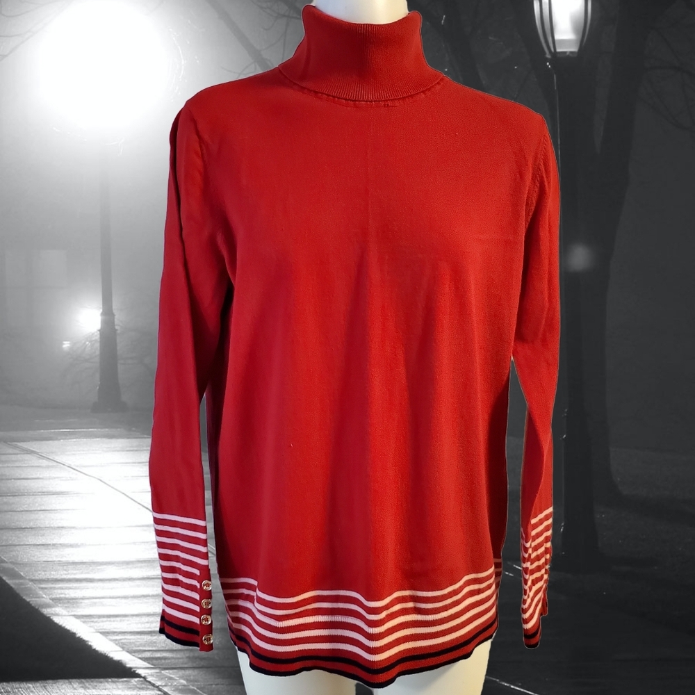 Tommy Hilfiger Red Turtleneck Sweater with Striped Hem - Size Large